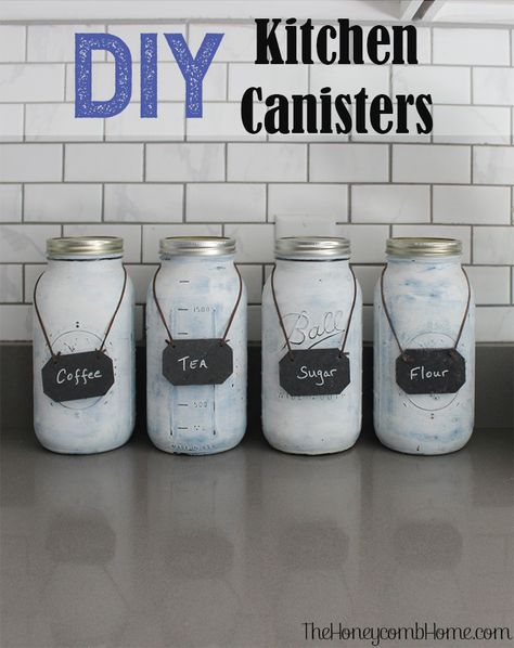 Mason Jar Canisters Diy Canisters, Diy Canister, Jar Organization, Mason Jar Canisters, Diy Mason Jar Ideas, Mason Jar Organization, Diy Mason Jar, Mason Jar Ideas, Kitchen Jars