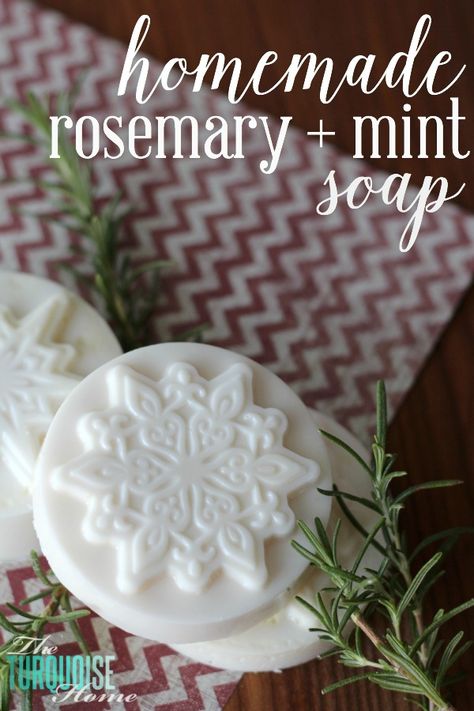 In the past year and a half, I’ve started replacing some of my home products with homemade, more natural ones. And I’ve loved it! I now only use my homemade foaming hand soap, lip balm, sugar scrub and bath salts. Now, I’m branching out into bar soaps and will soon try some shower gel! My … Rosemary Mint Soap, Homemade Foaming Hand Soap, Mint Soap, Soap Recipe, Rosemary Mint, Homemade Soap, Neighbor Gifts, Soap Recipes, Diy Soap