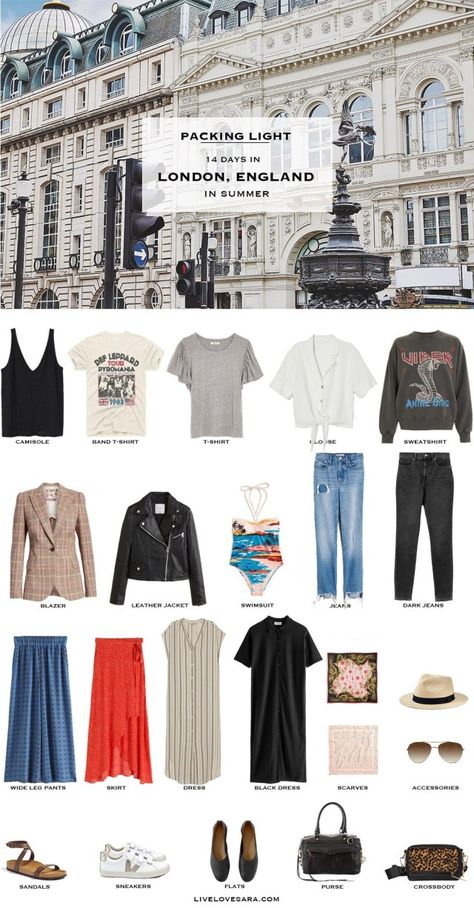 Summer is almost here, and that means the countdown to summer vacation is on. If you are travelling to London, England this summer, or just to England in general than you might be wondering....What to pack for London? This list might help you on your way with what to pack for London for two weeks in summer. London Packing List | Pack in carry on #livelovesara London Summer Travel Outfits, Packing For England Summer, London Dressing Style Women, London Packing List Summer, Outfits For London Summer, What To Wear In London In Summer, London England Outfits, London Outfit Ideas Summer, London Style Summer