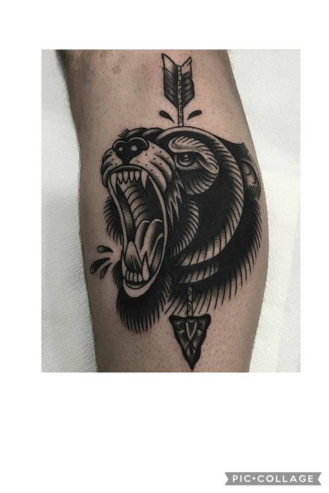 Bear Traditional Tattoo Old School, American Traditional Bear Head Tattoo, Cover Up Tattoos Traditional, Old School Bear Tattoo, Trad Bear Tattoo, Traditional Bear Head Tattoo, Bear Knee Tattoo, American Traditional Animals, Old School Animal Tattoo