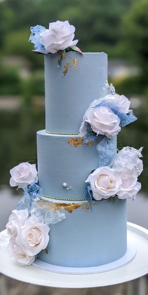 dusty blue wedding cake, three tier wedding cake, wedding cake, wedding cakes, wedding cake images, beautiful wedding cakes, non traditional wedding cake, wedding cake trends Bridal Cakes Ideas Wedding Trends, Dusty Rose And Dusty Blue Wedding Cake, Dusty Blue Cake, Wedding Cake Designs Blue, Dusty Blue Wedding Cake, Wedding Cake Nature, Wedding Cake Dusty Blue, Fancy Treats, Gray Wedding Cake