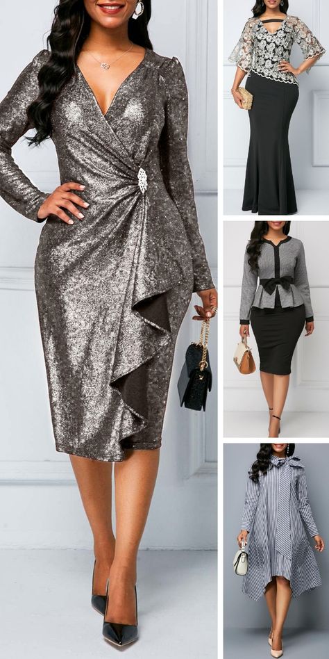 Long Sleeve Ruffle Detail V Neck Silver Sequin Dress. Evening Dress Long, Long Sequin Dress, Silver Sequin Dress, Sukienki Plus Size, Long Sleeve Sequin Dress, Fashion Dresses Online, Skirt Maxi, Classy Dress Outfits, Evening Dresses Elegant