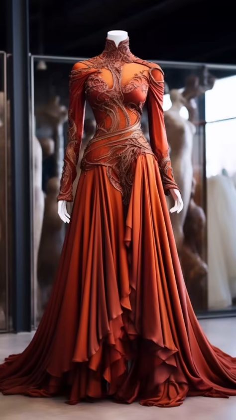 Orange Ball Dresses, Fantasy Dress Aesthetic, Grunge Beauty, Orange Formal Dresses, Autumn Court, Strange Dream, Court Outfit, Book Outfits, Historical Gowns