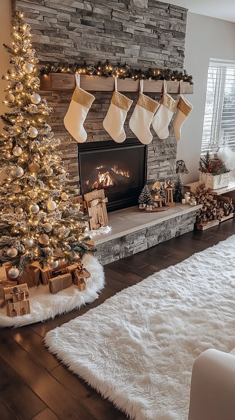 Cozy living room with a white and gold Christmas tree, vintage toys, stockings, and festive decor by a fireplace. Christmas Tree With White Lights, White Christmas Decor Ideas, White And Gold Christmas, Rustic Mantel, Christmas Planters, Christmas Decor Inspiration, White Stockings, Couch Decor, Hanging Stockings