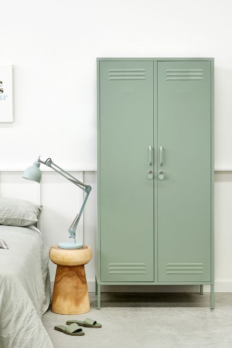 Twinny metal wardrobe by Mustard Made, in sage. Open the locker doors to reveal a customisable interior with removable rails and adjustable shelves. £449, mustardmade.co.uk Mustard Made, Inside Doors, Door Locker, Colorful Storage, Metal Lockers, School Lockers, Perfect Bedroom, Hanging Rail, Neat And Tidy