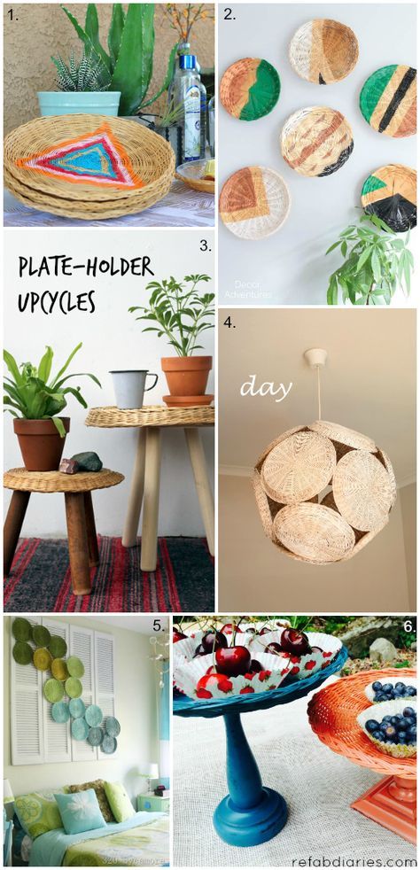 Repurpose: wicker plate holders | ReFab Diaries | Bloglovin Wicker Plate Holders, Wicker Paper Plate Holder Crafts, Paper Plate Basket, Thrift Upcycle, Paper Wicker, Thrift Store Diy Projects, Plate Chargers, Old Wicker, Paper Plate Holders