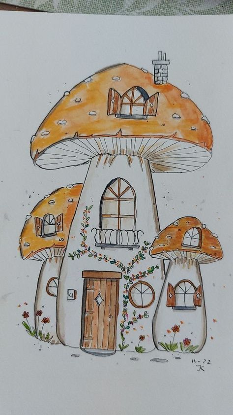 Drawing A Mushroom House, Fairy House Doodle, Mushroom House Watercolor, Fairy Town Drawing, How To Draw A Mushroom House, Cottage Core Drawings Easy, Gnome Garden Drawing, Mushroom Houses Drawings, Fairy Home Drawing