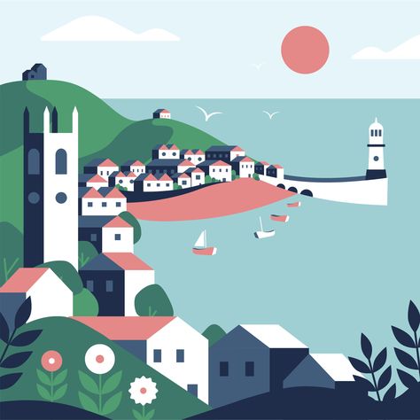 Latest commission! This is the first in a series of greeting cards showing beautiful spots in Cornwall, England. This one is St Ives. It is said that this seaside town has a special quality of light that has attracted artists for century's.  #cornwall #flatvector #flatdesign #vector #vectorart #vectorgraphic #flatillustration #villageillustration #vectorhouses #cityillustration #vectorlandscape #geometricart #geometricvector Harbour Illustration, Illustration City, Brighton Uk, Geometric Vector, Seaside Town, Cornwall England, City Illustration, St Ives, Seaside Towns