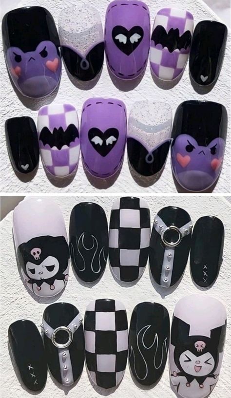 Kuromi Halloween Nails, Purple Nail Art Simple, Kuromi Nails Simple, Kuromi Acrylic Nails, Kuromi Nail Art, Nails Kuromi, Acrylic Nails Simple, Monster High Nails, Kuromi Nails