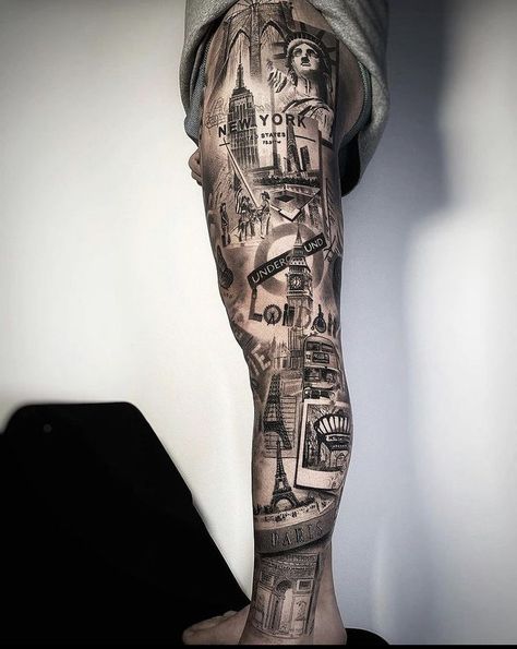 Chest Board Game Tattoo, Nyc Tattoo Sleeve, Big Leg Tattoos Men, Misunderstood Tattoo Men, Travel Tattoo Sleeve, Women Leg Tattoos, Tattoo Full Leg, City Tattoo Ideas, Portrait Tattoo Sleeve