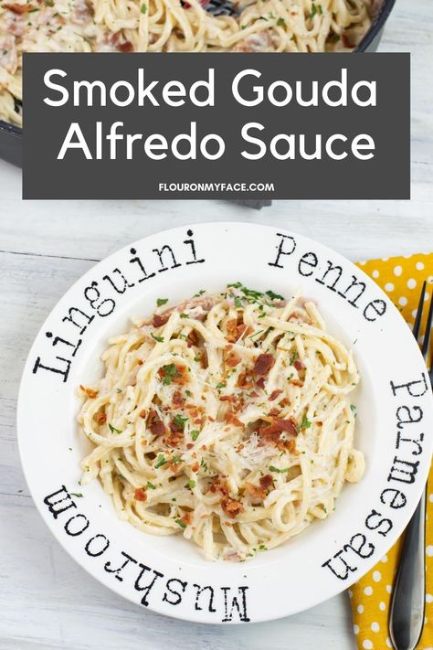 Delicious Smoked Gouda Alfredo Sauce served over pasta with bacon is a smokey twist on basic homemade Alfredo sauce. Alfredo Sauce Recipes, Alfredo Sauce With Milk, Best Alfredo Sauce Recipe, Gouda Recipe, Alfredo Fettuccine, Easy Alfredo, Alfredo Recipes, Comforting Casseroles, Alfredo Sauce Recipe Homemade