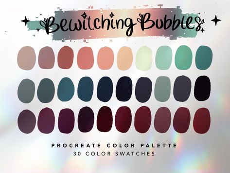 Bewitching Bubbles Color Palette For Procreate This color palette contains 30 color swatches to use in Procreate App. These colors were handpicked and were inspired by cute Halloween colors. ⭐️ || YOU WILL RECEIVE || ⭐️ 1 x Procreate Palette Instructions 1 x JPG file with all swatches 1 x Bewitching Bubbles Color Palette for Procreate || .swatches file ⭐️ || HOW TO USE || ⭐️ 1. You will receive an email after you complete checkout with a link to download the files. 2. You can also log into your Witch Palettes, Color Swatches Colour Palettes, Graveyard Color Palette, Dark Green Colour Palette, Aesthetic Color Palettes Procreate, Halloween Procreate Palette, Cute Color Palettes Procreate, Spooky Color Palette, Witchy Color Palette