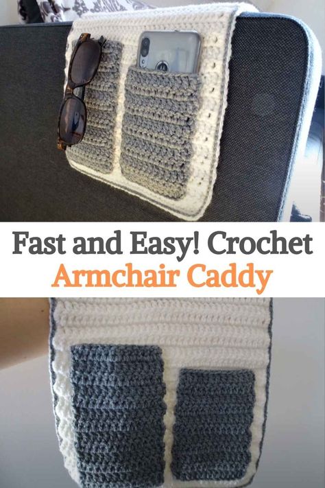 Fast and Easy! Crochet Armchair Caddy Remote Control Holder Crochet, Crochet Remote Holder Pattern Free, Crochet Remote Holder, Arm Chair Caddy Pattern, Room Crochet, Sofa Organizer, Crochet Organizer, Crocheted Things, Super Easy Crochet