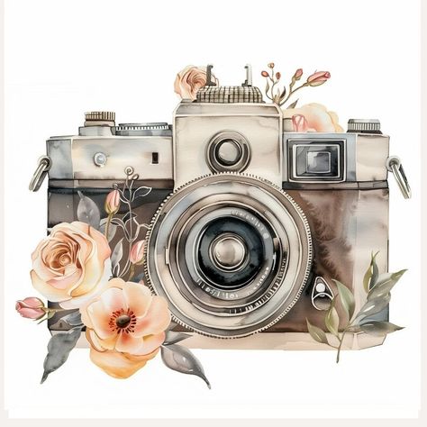 12 Retro Camera Clipart, Watercolor Flowers Digital Printable for Vintage Journal, Camera With Flowers, Antique Watercolor Picture JPG Files - Etsy Vintage Pictures Printable, Picture Of Camera, Vintage Aesthetic Pictures, Camera With Flowers, Photography Clipart, Vintage Cameras Art, Watercolor Camera, Clipart Aesthetic, Aesthetic Clipart