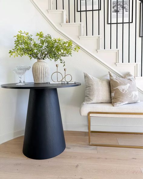 The perfect small round entryway table or dining table! Back in stock and on sale! Rounded Stairs Entryway, Entryway Ideas Round Table, Round Entry Way Ideas, Black Round Entryway Table, Diy Round Entry Table, Small Round Entryway Table, Small Round Entry Table, Round Table Entryway, Circular Entryway