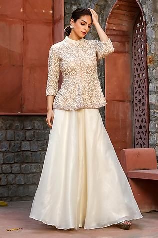 Shop for Akanksha Mago Ivory Net Amina Peplum Top And Sharara Set for Women Online at Aza Fashions Peplum Top Outfits Indian, Indo Western Dress Party Wear, Indo Western Dress, Sharara Set, Designer Dresses Indian, Western Dresses, Indian Dresses, Indian Outfits, Stylish Dresses