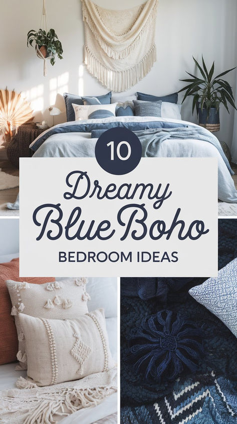 Elevate your bedroom with boho-inspired blue decor! Explore unique ways to incorporate cozy rugs, macramé wall hangings, and layered textiles. These ideas will help you craft a tranquil, stylish retreat that feels effortlessly chic. Ideal for lovers of relaxed, eclectic spaces! #BlueBoho #BedroomDecor #BohemianStyle Blue Grey Boho Bedroom, Blue Bedding Aesthetic, Dark Blue Bedroom Aesthetic, Navy Blue Boho Bedroom, Blue Boho Bedroom Ideas, Blue Bedroom Aesthetic, Blue Boho Bedroom, Blue Carpet Bedroom, Layered Textiles