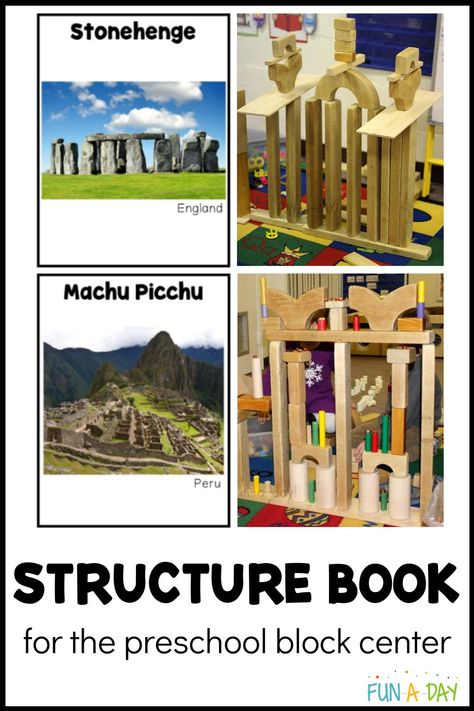 Inspire creativity in the preschool block center with this book of world structures! Includes a free printable. Bank Street Preschool Activities, Building Centre Kindergarten, Block Station Preschool, Preschool Buildings Theme, Architecture Preschool Activities, Building The Future Theme, Building For Kindergarten, Architecture For Preschoolers, Buildings Around The World Preschool