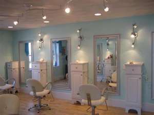 I like the streamline/clean look to this… minus the track lighting Hairsalon Inspiration, Salon Lighting Ideas, Home Hair Salon, Salon Suite Decor, White Salon, Tall Cabinets, Salon Lighting, Home Hair Salons, Nails Beach