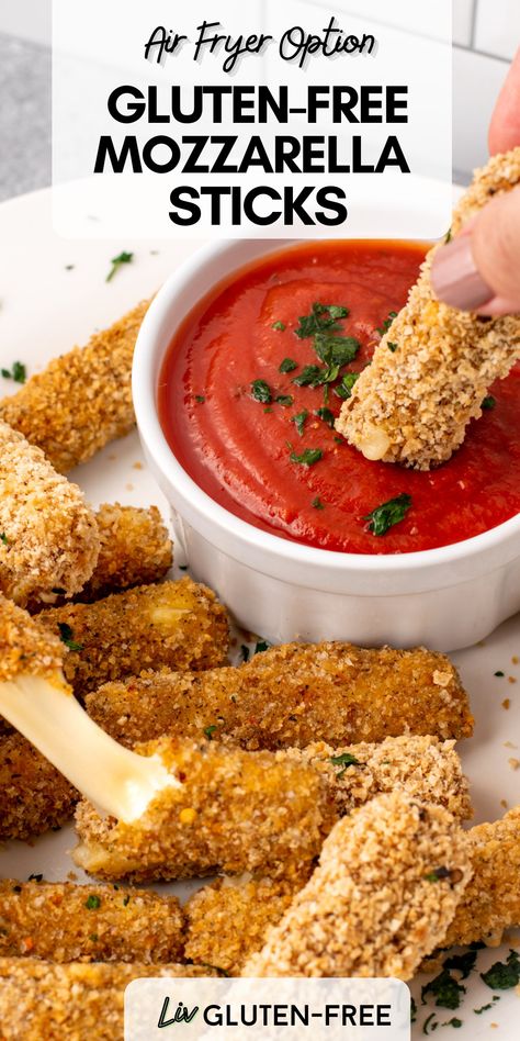 These homemade gluten-free mozzarella sticks are crispy, cheesy, and restaurant quality! With oven-baked and air fryer options, this healthier version of the classic game day appetizer is easy to make and delicious to enjoy. Gluten Free Mozzarella Sticks, Baked Mozzarella Sticks, Baked Mozzarella, Cheese Sticks Recipe, Homemade Mozzarella Sticks, Gluten Free Bread Crumbs, Gluten Free Sides Dishes, Gluten Free Appetizers, Dairy Free Cheese