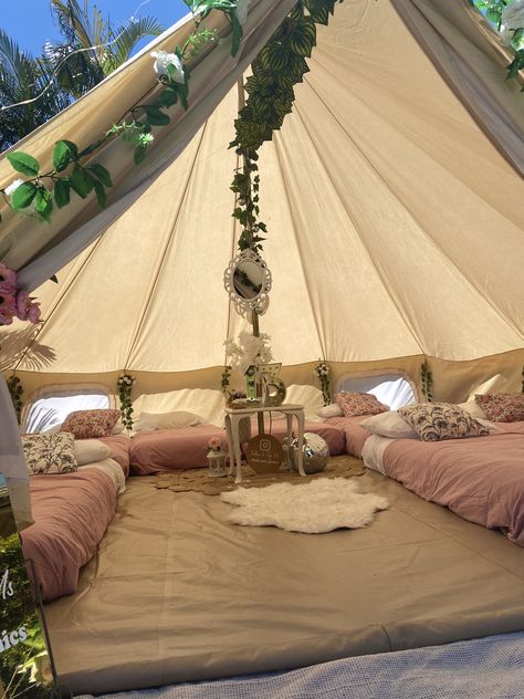 Tipi Birthday Party, Tent With Rooms, Aesthetic Tent Sleepover, Tent Decorating Ideas Birthday, Bell Tent Birthday Party, Sleepover Tents With Fairy Lights, Bell Tent Decoration, Big Tents For Sleepovers, Teepee Tent Camping