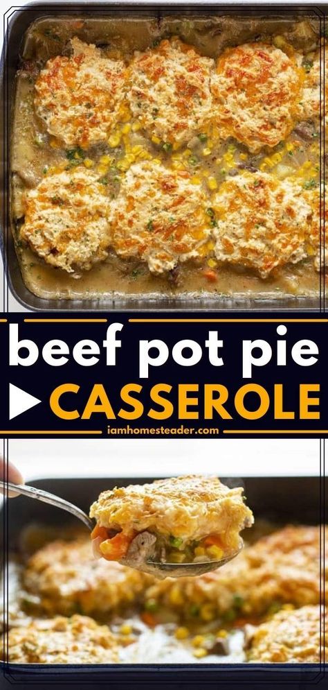 Beef Pot Pie Casserole, Beef Pot Pie Recipe, Cheesy Garlic Biscuits, Biscuit Pot Pie, Garlic Biscuits, Pot Pie Recipe Easy, Beef Pot Pie, Pork Chop Casserole, Beef And Vegetables