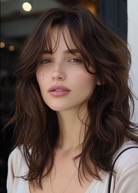 Modern Bangs Medium Hair, Cute Midlength Haircuts Layers, Long Wolf Cut With Curtain Bangs, Curtain Bangs Mid Length Hair, Wavy Hair With Curtain Bangs, Wavy Curtain Bangs, Bangs Wavy Hair, Haircut Medium, Haircut Inspo