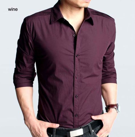 New mens Casual Luxury Stylish Slim Long Sleeve Shirts wine size. Wine Colour Shirt For Men, Wine Shirt Outfit Men, Men's Business Casual Style, Wine Sweater, Plum Colour, Manly Style, Wine Colour, Shirt Outfit Men, Wine Shirt