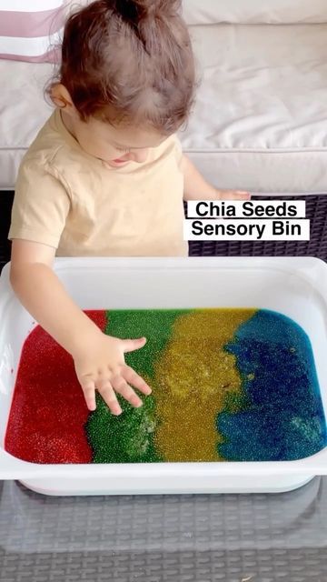 MISS FARAH TUTORIALS on Instagram: "🎈CHIA SEEDS SENSORY BIN The perfect sensory bin for your toddler who puts everything in his mouth! All you need is 1/4 cup of chia seeds, 1 3/4 cups of water and food colouring. I placed them in the refrigerator overnight. It’s a bit messy, but I loved the colours and the jelly consistency. It was kind of like slime but taste-safe! You have to try it, your little one will love it. ❤️save this activity for later ❤️Tag a friend who would love this!" Chia Seed Tuff Tray, Food Colouring Activities For Kids, Chia Seed Sensory Bin, Chia Seed Sensory Play, Colours Eyfs, Chia Slime, Chia Seed Slime, Seed Activities For Kids, Babies Activities