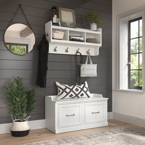 Kathy Ireland Home by Bush Furniture Kathy Ireland® Home By Bush Furniture Woodland 40W Entryway Bench With Shelves And Wall Mounted Coat Rack In White Ash - Wayfair Canada Vertical Shelves, Bench With Doors, Hall Tree Bench, Shoe Storage Bench, Entryway Organizer, Coat Rack Shelf, Kathy Ireland, Entryway Storage, Shoe Bench