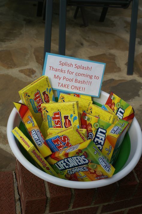 Swimming Party Theme, Pool Birthday Party Goodie Bags, Pool Party Thank You Gifts, 5th Birthday Pool Party Ideas Boy, End Of School Pool Party Ideas, Waterpark Themed Birthday Party, Pool Birthday Party Food, Pool Party Party Favors, Water Slide Party Ideas