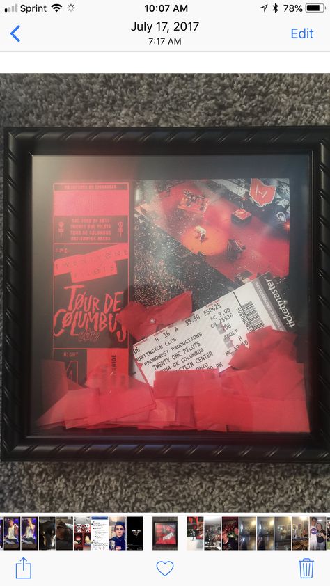 TDC shadows hox Concert Confetti Display Ideas, Concert Shadow Box Ideas, Concert Ticket Display, Ticket Display, Twenty One Pilots Aesthetic, Pilot Gifts, New Bands, Band Merch, Memory Box