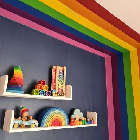 Boys Rainbow Bedroom, Rainbow Bedrooms, Rainbow Boys Room, Rainbow Mural Kids Room Diy, Rainbow Stripe Wall Paint, Rainbow Bedroom Ideas Kids, Roman Room, Rainbow Ceiling, Sensory Playroom