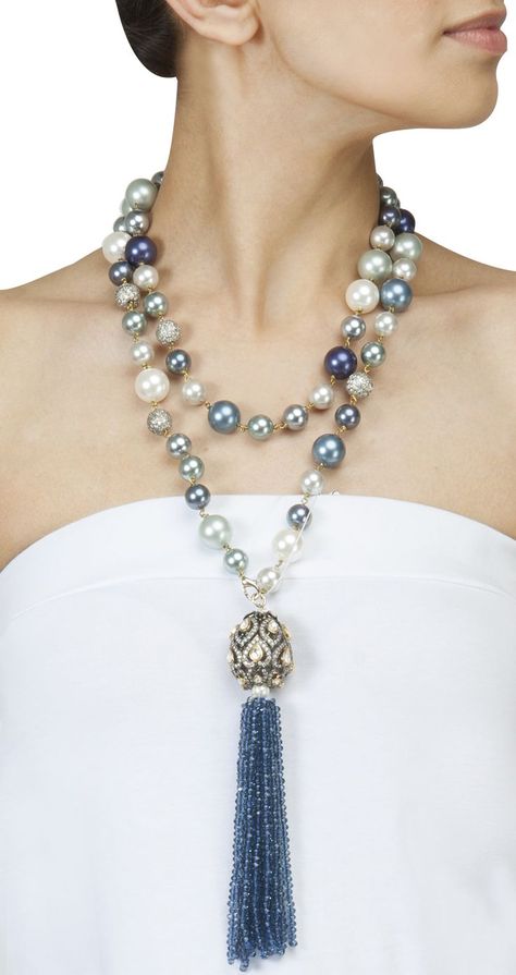 Splendid Pearls With Blue Crystal Tassel Long Pearl Necklaces, Tassel Jewelry, A Necklace, Bijoux Diy, Pearl Chain, Diy Necklace, Necklace Designs, Pearl Jewelry, Tassel Necklace