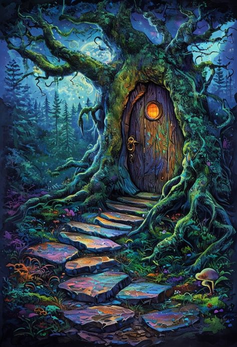 Mystical Ancient Tree with Glowing Door Fantasy Art Poster - Playground Magical Tree, Rustic Country Home, Ancient Tree, Lego Moc, Fairy House, Tree Art, Poster Template, Country Cottage, Mobile Wallpaper