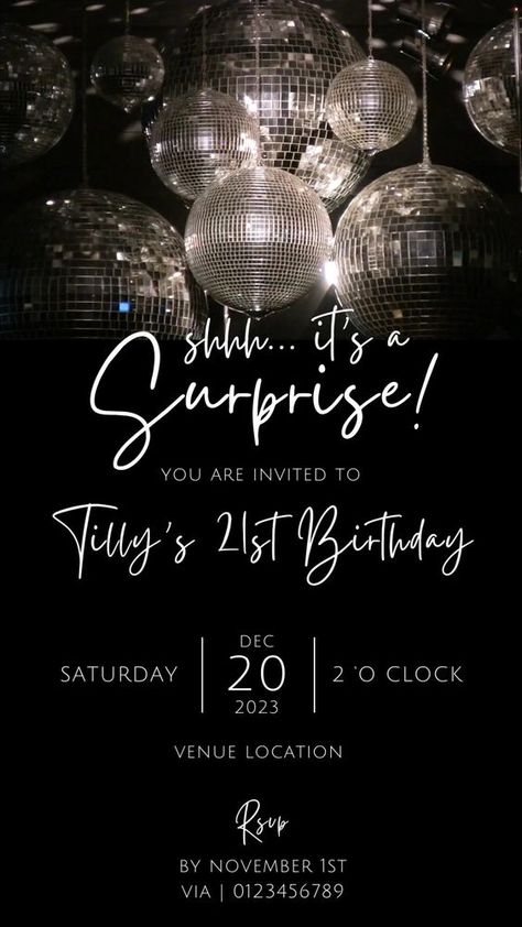 Disco Glam Party, 17. Geburtstag, Black And White Party, Surprise Party Invitations, Disco Birthday Party, 13 Birthday, Surprise Birthday Invitations, Disco Glam, Birthday Inspo