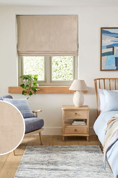 Our linen look roman blind will instantly uplift any room. This ready-to-hang blind boasts a textured finish and with the handy blackout lining, you'll be kept cosy in winter, cool in summer, and enjoy peace from outside light. Dry clean only. Main 60% Recycled polyester, 35% Polyester, 5% Linen. Lining 100% Recycled polyester with acrylic backing. Sheer Blinds Bedroom, Linen Blinds Roman, Roman Blinds Nursery, Roman Blinds In Kitchen, Japandi Window Blinds, Small Window Blinds, Blind Ideas For Windows, Bedroom Blinds And Curtains, Blinds In Bedroom