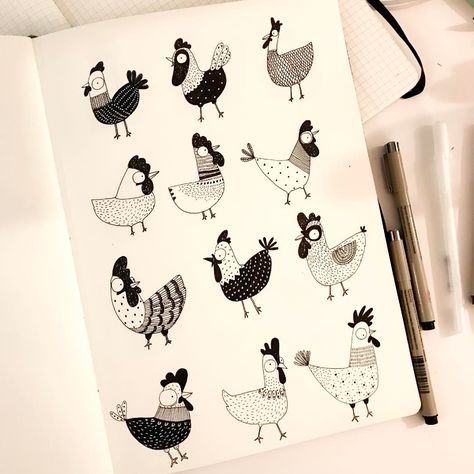 Chicken Doodles Cute, Chicken Doodle Art, Chicken Drawing Illustration, Chicken Doodle Drawing, Chicken Reference, Doodle Chicken, Chicken Doodles, Doodles Sketchbooks, Chicken Drawing