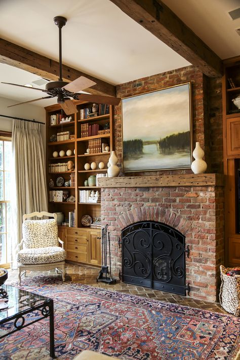 Fireplace Brick Fireplace Mirror, Brick Fireplace With Bookshelves, Fireplace Red Brick, A Hays Town, Red Brick Fireplace, Brick Fireplace Decor, Wood Element, Red Brick Fireplaces, Ohio House