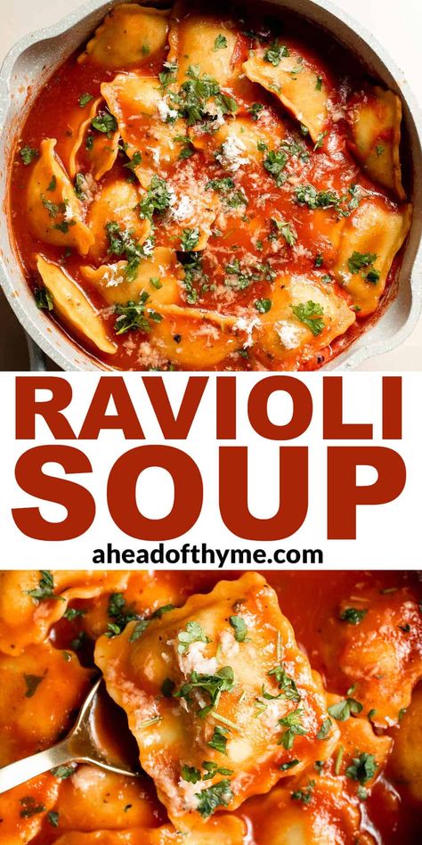 This simple Ravioli Soup is a quick, cozy meal with plump pillows of ravioli simmered in a hearty homemade tomato soup. Make it with cheesy ravioli for a vegetarian-friendly option, or get creative with other varieties from the store. Ready in a mere 20 minutes, it’s the perfect choice for busy nights when you need something comforting to warm you up! | aheadofthyme.com #raviolisoup #ravioli via @aheadofthyme