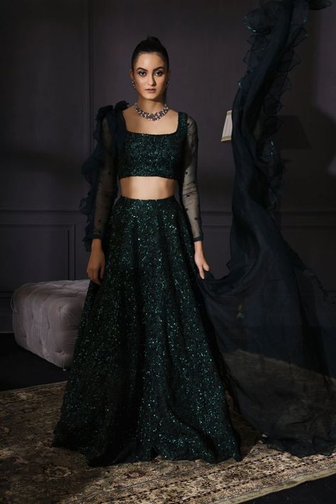 Bottle green silk organza, raw silk and net lehenga with a scalloped dupatta and embroidered belt with hand embellished resham and sequin Sequins Lehenga, Green Lehenga, Embroidered Belt, Embroidered Lehenga, Lehenga Designs, Indian Fashion Dresses, Bottle Green, Silk Organza, Sequin Fabric