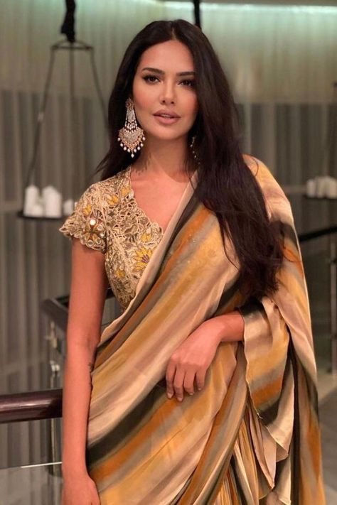 Esha Gupta Saree, Eesha Gupta, Arpita Mehta, Esha Gupta, Golden Blouse, Saree Style, Ruffle Saree, Smart Women, Stylish Sarees