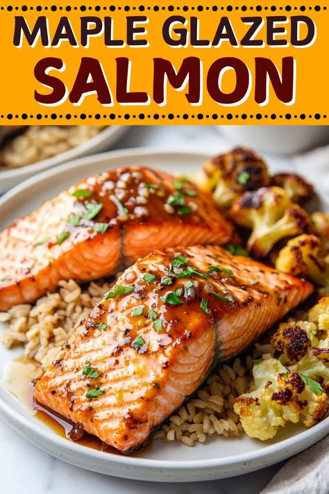 This easy maple-glazed salmon is so full of sweet and savory flavor! It's a delicious, one-pan meal that's perfect for busy weeknights. Sweet And Savory Salmon, Fall Salmon Recipes Baked, Sweet Glazed Salmon, Maple Syrup Salmon Recipes, Fish Dishes Recipes Easy Dinners, Salmon Healthy Meals, Maple Glazed Salmon Baked, Salmon In The Oven Recipes, Salmon Flavors