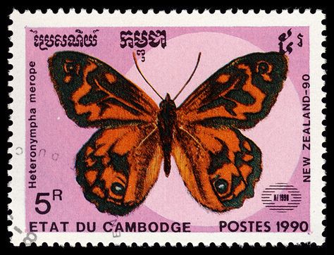 stamp cambodia 1990 heteronympha merope | por pixelschubser.de Post Stamp Aesthetic, Vintage Postage Stamps Aesthetic, Stamps Aesthetic, Vintage Stamps Postage, Rick And Morty Stickers, Postcard Stamps, Flower Market Poster, Rare Stamps, Mail Stamp