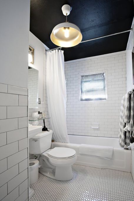 Painted ceiling inspiration: Dark Ceiling Bathroom White Bathroom Black Ceiling, Sears Craftsman Houses, Shaker Rail, Dark Ceilings, Penny Tiles, Tile Window, Best Bathroom Colors, Ceiling Paint Colors, Tile Ceiling