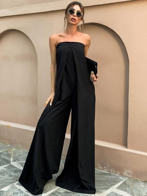 Black Strapless Jumpsuit, Jumpsuit Wide Leg, Tube Jumpsuit, Backless Romper, Solid Color Jumpsuits, Loose Jumpsuit, Jumpsuit Elegant, Strapless Jumpsuit, Style Noir