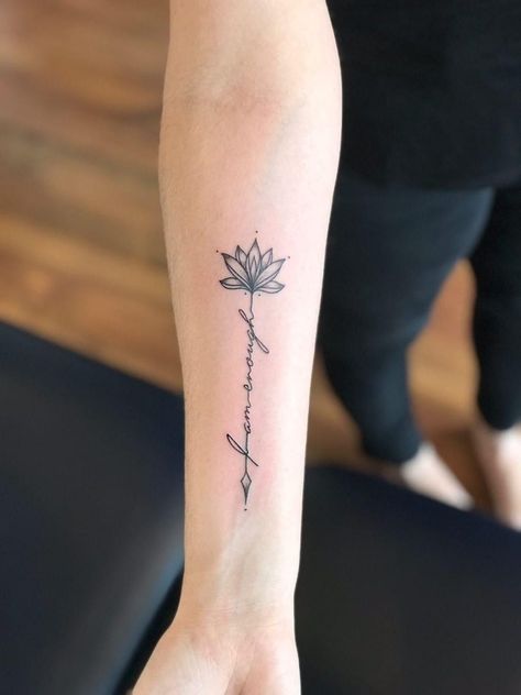 Watermark Tattoos For Women, Enough Arrow Tattoo, Unalome Family Tattoo, Enough Flower Tattoo, Stay Calm Tattoo Ideas, I Am Enough Arrow Tattoo, Hand Written Tattoos For Women, Follow Your Bliss Tattoo, Small Written Tattoos For Women