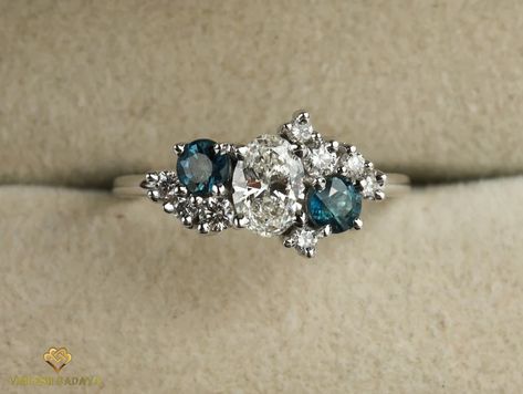 Lab Created Diamond Cluster Engagement Ring for Women E-F/VS | Etsy Sapphire Diamond Cluster Ring, Cluster Stone Engagement Ring, Sapphire Diamond Rings Engagement, Cluster Rings Diamond, Cluster Diamond Ring Designs, Diamond Rings With Colour Stones, Alexandrite Cluster Ring, Multi Stone Engagement Rings, Asymmetrical Cluster Engagement Ring