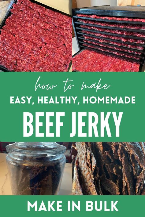 raw ground beef in a dehydrator and the finished ground beef jerky in a glass container, text reads how to make easy, healthy, homemade beef jerky, make in bulk Healthy Beef Jerky, Diy Beef Jerky, Beef Jerky Recipe Dehydrator, Homemade Beef Jerky Recipe, Jerky Recipes Dehydrator, Snack To Make, Homemade Beef Jerky, Making Jerky, High Protein Snack