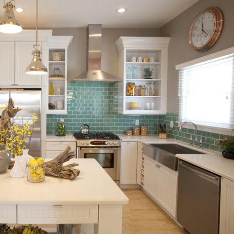 Details: Photo features Glass Reflections in Serene Green on the backsplash. As seen on Extreme Makeover Home Edition, Season 9. Tile Installation Patterns, Green Tile Backsplash, Colorful Tile, Green Backsplash, Glass Cabinets, Kitchen Blue, Extractor Fan, Blue Backsplash, Tile Color